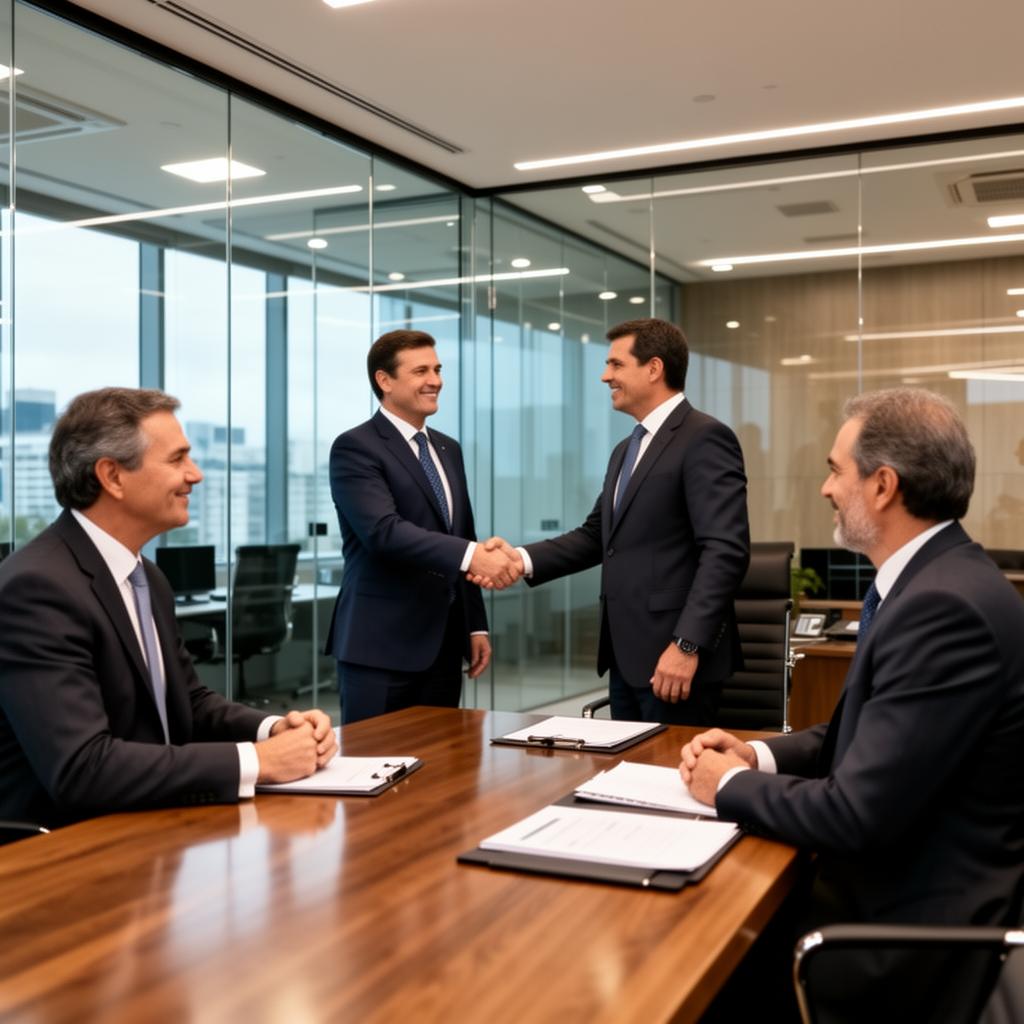 Reunião empresarial em escritório de advocacia moderno