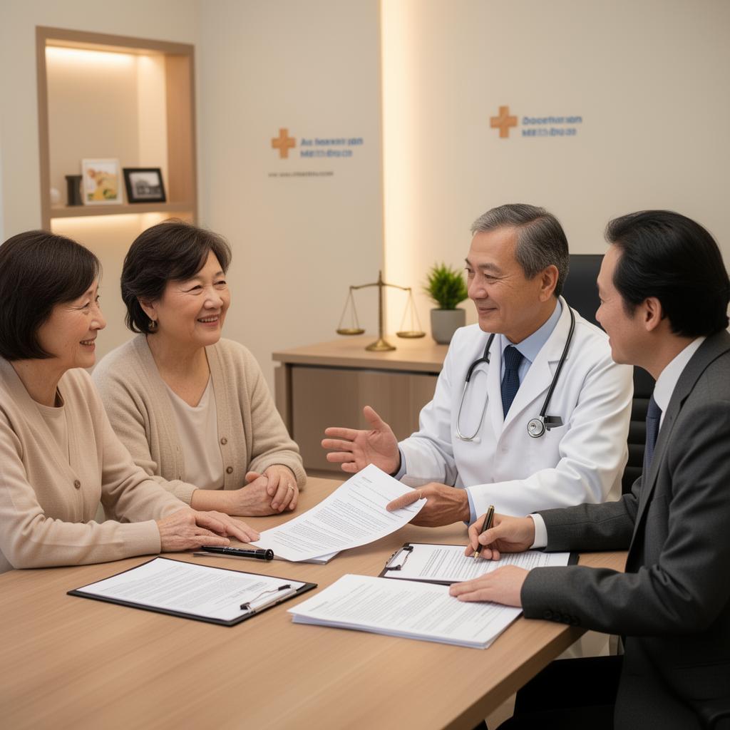Família consultando médico e advogado sobre plano de saúde